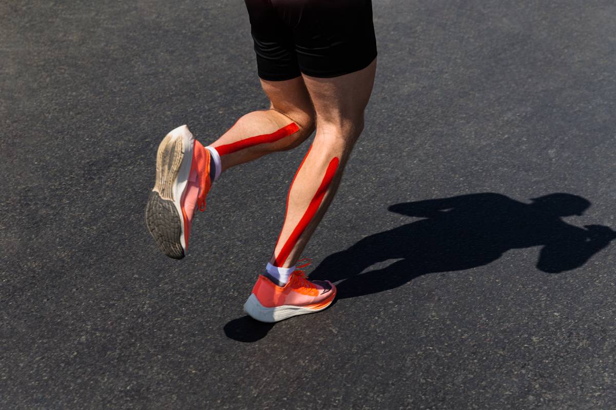 male runner legs on calf kinesio taping run marathon