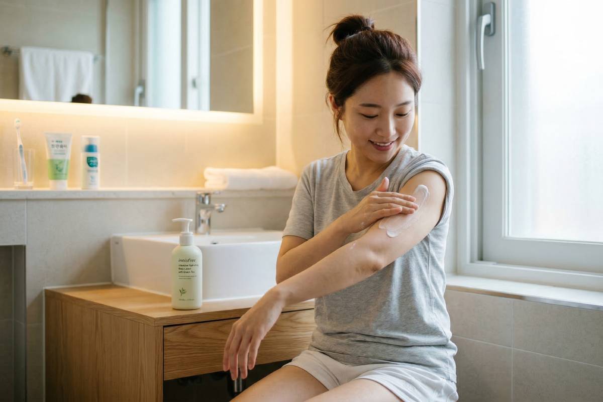 Korean body moisturising routine applied to damp skin after shower
