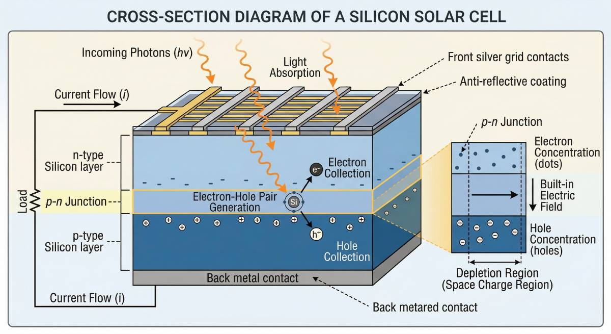 silicon solar cell cross-section showing p-n junction and electron flow direction