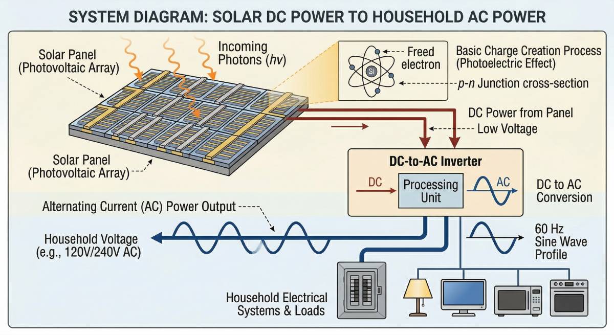 solar panel to inverter to home AC power conversion diagram