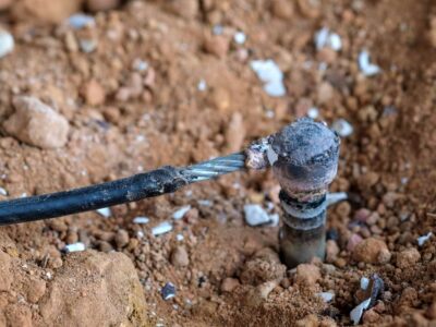 Welding copper ground wire on ground rod.